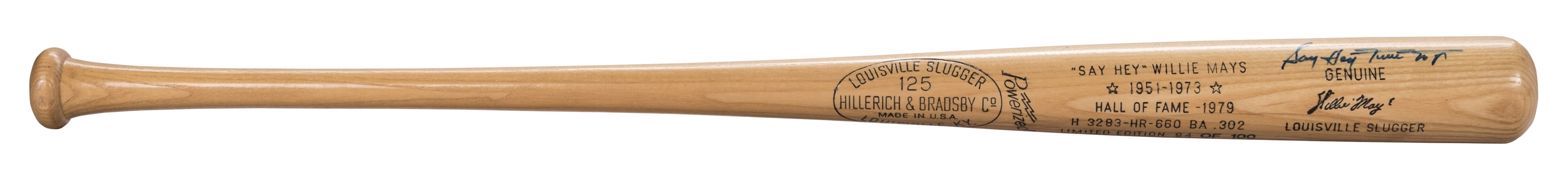 Willie Mays Autographed and Inscribed "Say Hey" Commemorative Stat Bat LE 84/100 (JSA)